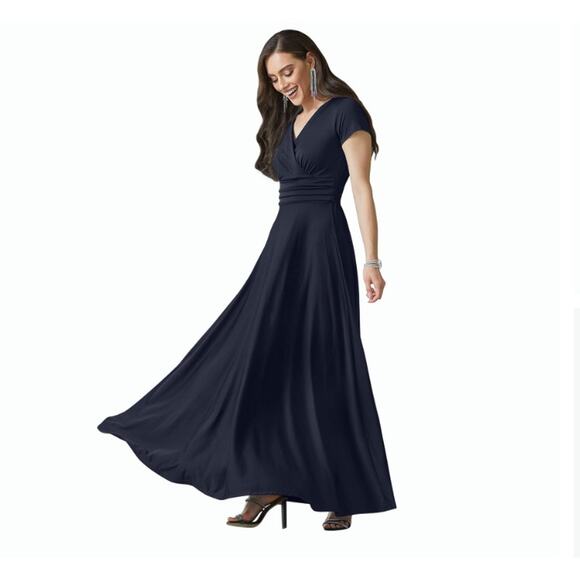 Koh Koh Draped Maxi Dress Women M Navy Cap Sleeve Wedding Guest Empire Waist NEW - Picture 1 of 11